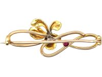 Art Nouveau 15ct Gold & Enamel Iris Brooch set with a Ruby