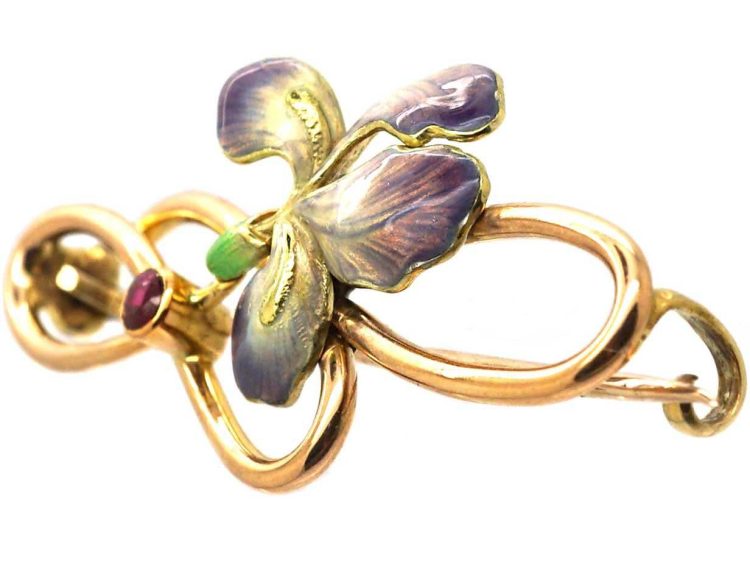 Art Nouveau 15ct Gold & Enamel Iris Brooch set with a Ruby