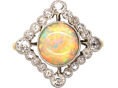 Art Deco 18ct Gold & Platinum Opal & Diamond Diamond Shaped Ring