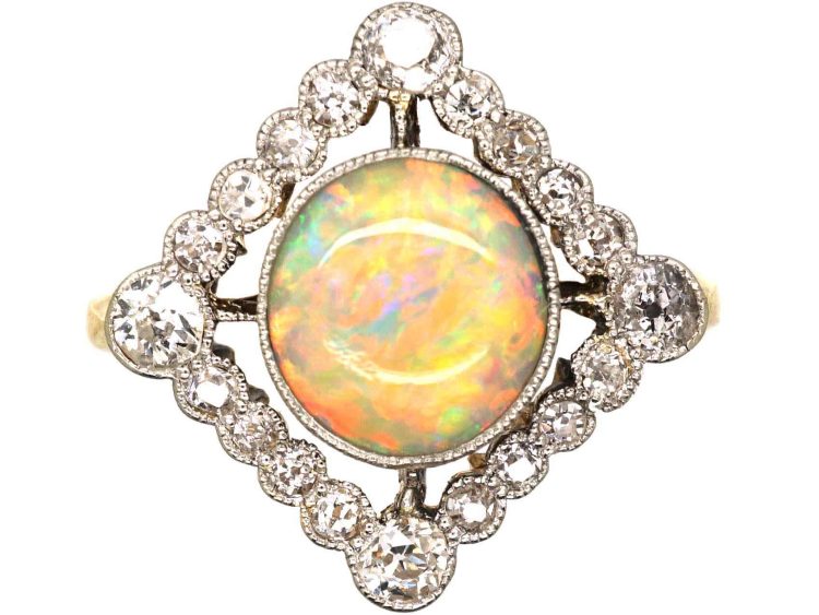 Art Deco 18ct Gold & Platinum Opal & Diamond Diamond Shaped Ring
