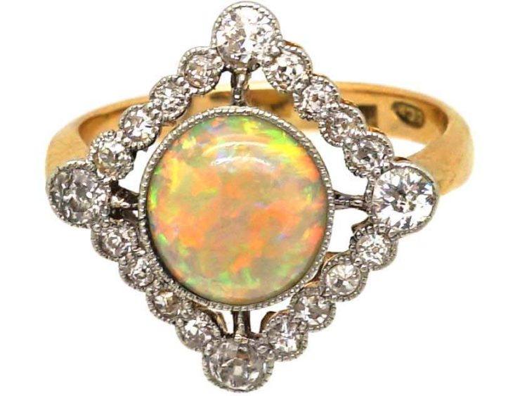 Art Deco 18ct Gold & Platinum Opal & Diamond Diamond Shaped Ring