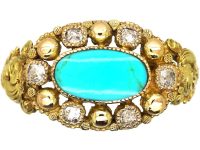 Georgian 15ct Two Colour Gold Ring set with Turquoise & Diamonds with a Locket Back