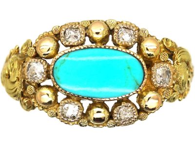 Georgian 15ct Two Colour Gold Ring set with Turquoise & Diamonds with a Locket Back