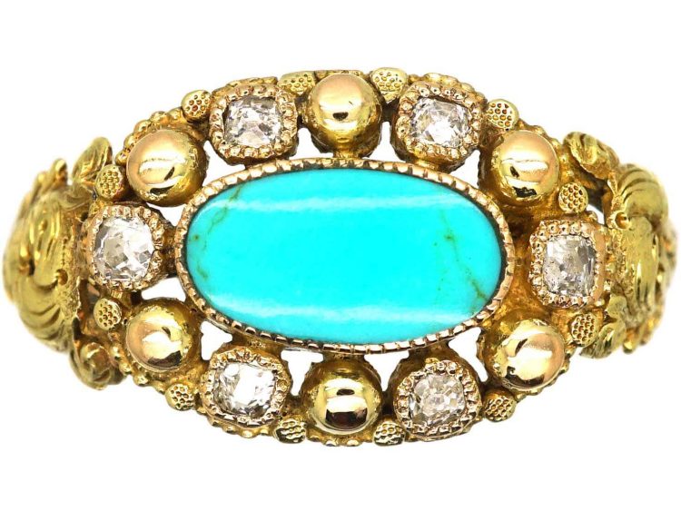 Georgian 15ct Two Colour Gold Ring set with Turquoise & Diamonds with a Locket Back