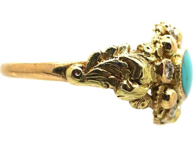 Georgian 15ct Two Colour Gold Ring set with Turquoise & Diamonds with a Locket Back