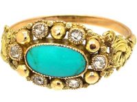 Georgian 15ct Two Colour Gold Ring set with Turquoise & Diamonds with a Locket Back