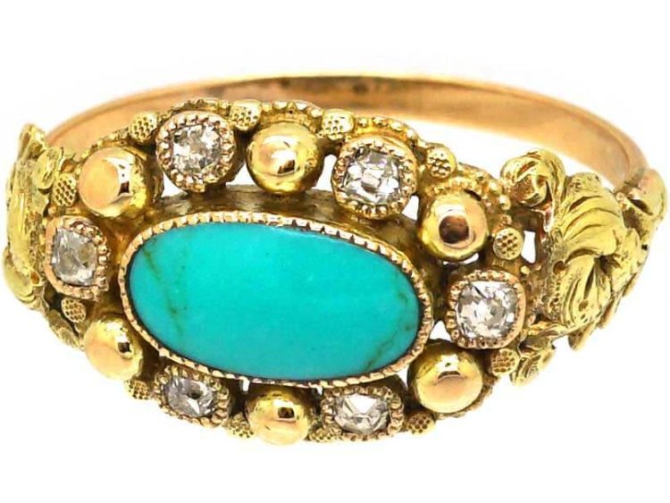 Georgian 15ct Two Colour Gold Ring set with Turquoise & Diamonds with a Locket Back