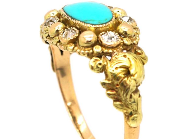Georgian 15ct Two Colour Gold Ring set with Turquoise & Diamonds with a Locket Back