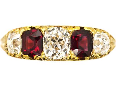 Victorian 18ct Gold Five Stone Ruby & Diamond Ring