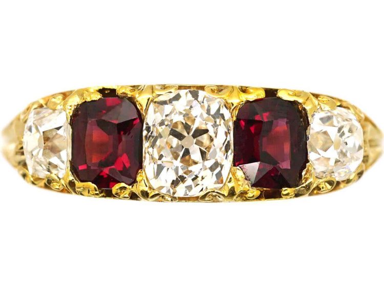 Victorian 18ct Gold Five Stone Ruby & Diamond Ring