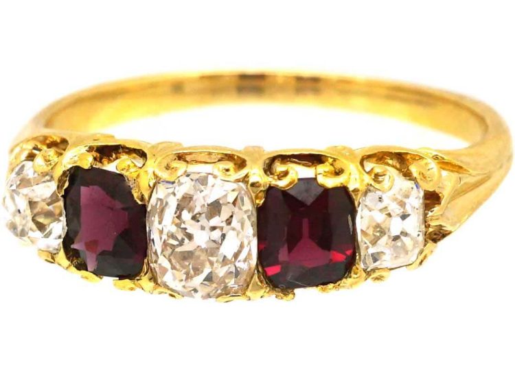 Victorian 18ct Gold Five Stone Ruby & Diamond Ring