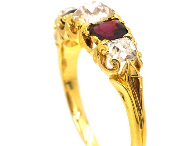 Victorian 18ct Gold Five Stone Ruby & Diamond Ring