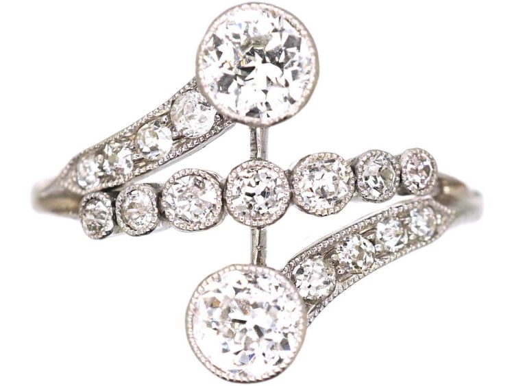 Edwardian Platinum Fancy Crossover Ring set with Diamonds