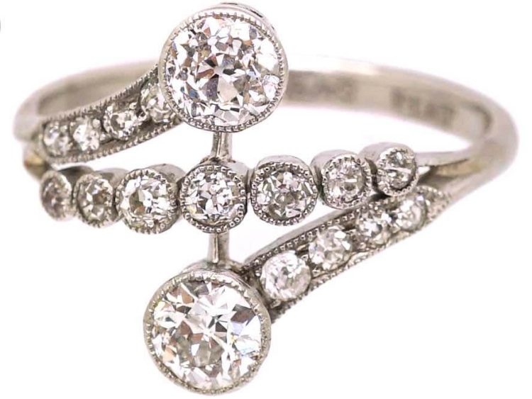 Edwardian Platinum Fancy Crossover Ring set with Diamonds