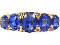 Victorian 18ct Gold Five Stone Sapphire Carved Half Hoop Ring with Diamond Points