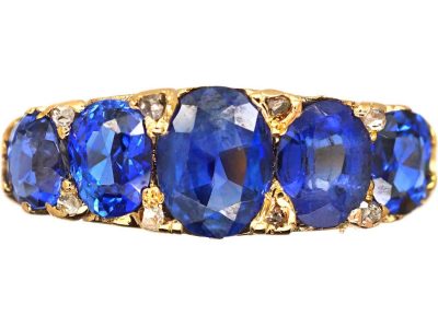 Victorian 18ct Gold Five Stone Sapphire Carved Half Hoop Ring with Diamond Points