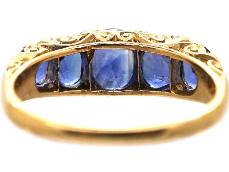 Victorian 18ct Gold Five Stone Sapphire Carved Half Hoop Ring with Diamond Points