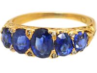 Victorian 18ct Gold Five Stone Sapphire Carved Half Hoop Ring with Diamond Points