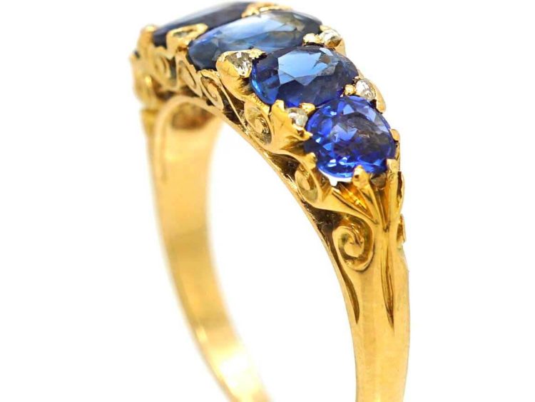 Victorian 18ct Gold Five Stone Sapphire Carved Half Hoop Ring with Diamond Points
