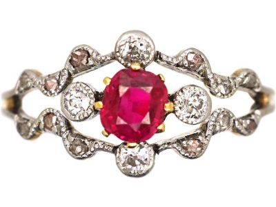 Edwardian 18ct Gold & Platinum, Ruby & Diamond Ornate Ring