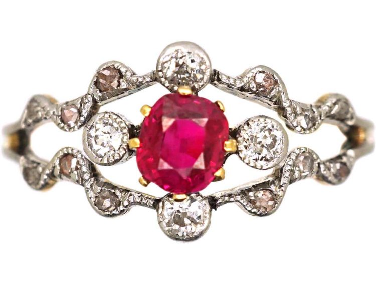 Edwardian 18ct Gold & Platinum, Ruby & Diamond Ornate Ring