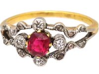 Edwardian 18ct Gold & Platinum, Ruby & Diamond Ornate Ring