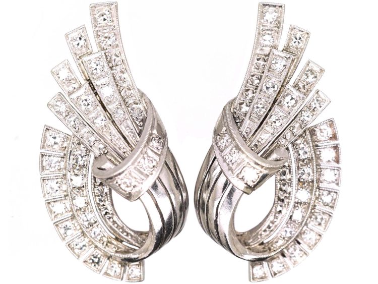 Art Deco 18ct White Gold Clip On Earrings set with Diamonds