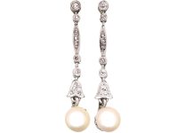 Edwardian 18ct White Gold, Pearl & Diamond Drop Earrings