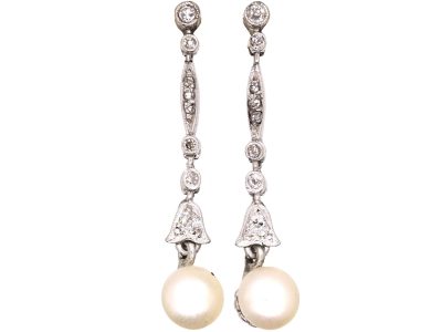 Edwardian 18ct White Gold, Pearl & Diamond Drop Earrings