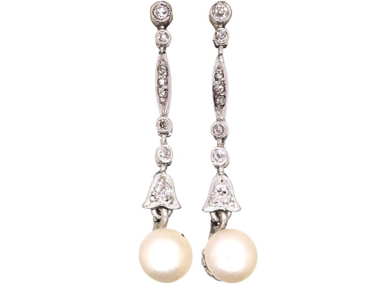 Edwardian 18ct White Gold, Pearl & Diamond Drop Earrings