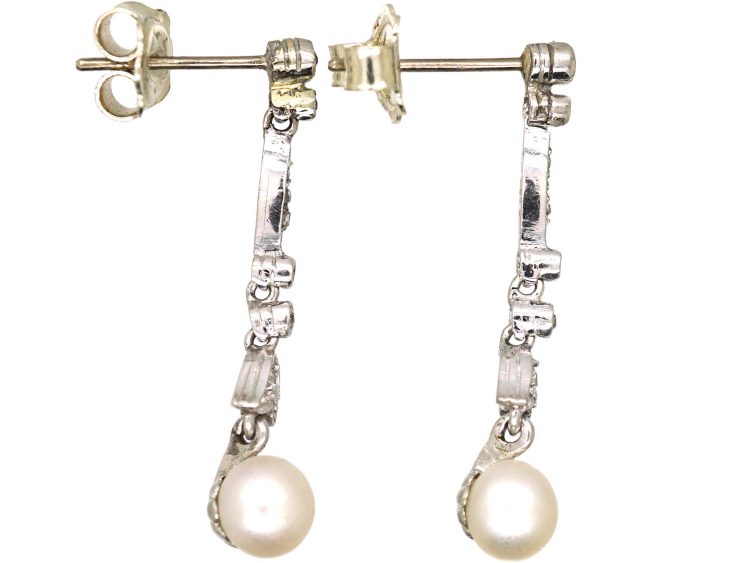 Edwardian 18ct White Gold, Pearl & Diamond Drop Earrings