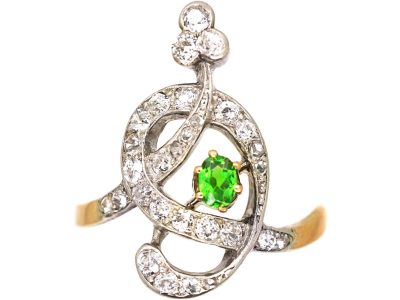 French 18ct Gold Art Nouveau Ring set with Diamonds & a Green Garnet