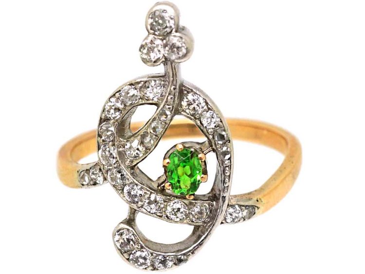 French 18ct Gold Art Nouveau Ring set with Diamonds & a Green Garnet