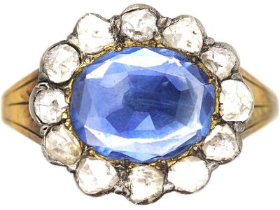 Georgian 15ct Gold & Silver Oval Cluster Ring set with a Sapphire & Rose Diamonds