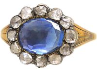 Georgian 15ct Gold & Silver Oval Cluster Ring set with a Sapphire & Rose Diamonds