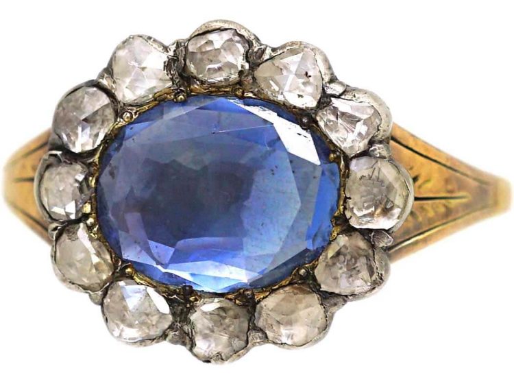 Georgian 15ct Gold & Silver Oval Cluster Ring set with a Sapphire & Rose Diamonds