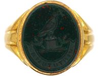 Victorian 18ct Gold Signet Ring set with a Bloodstone with Intaglio of a Bird Holding a Fish