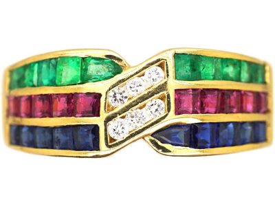 Vintage 18ct Gold Triple Band Ring set with Diamonds, Sapphires, Rubies & Emeralds