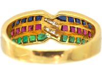 Vintage 18ct Gold Triple Band Ring set with Diamonds, Sapphires, Rubies & Emeralds