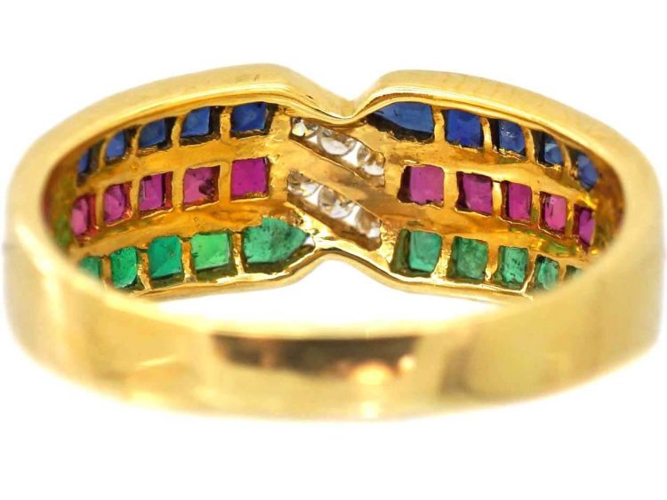 Vintage 18ct Gold Triple Band Ring set with Diamonds, Sapphires, Rubies & Emeralds