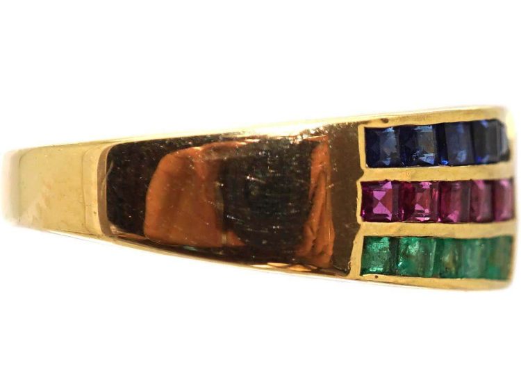 Vintage 18ct Gold Triple Band Ring set with Diamonds, Sapphires, Rubies & Emeralds