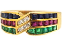 Vintage 18ct Gold Triple Band Ring set with Diamonds, Sapphires, Rubies & Emeralds