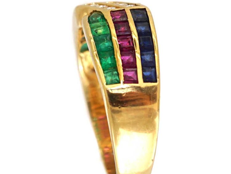 Vintage 18ct Gold Triple Band Ring set with Diamonds, Sapphires, Rubies & Emeralds