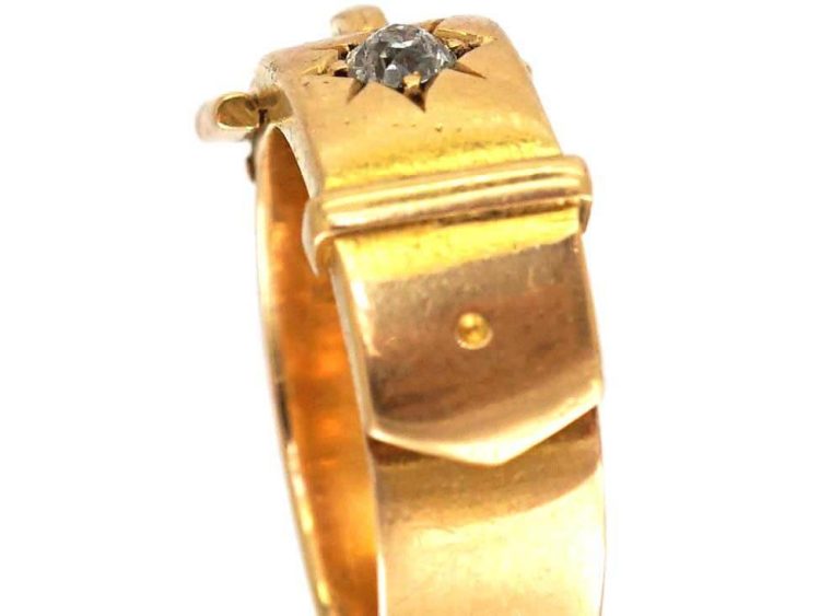 Victorian 18ct Gold & Diamond Buckle Ring with Hinged Locket Spelling Charley