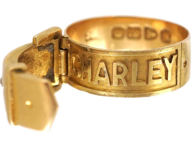 Victorian 18ct Gold & Diamond Buckle Ring with Hinged Locket Spelling Charley