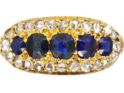Edwardian 18ct Gold Boat Shaped Ring set with Sapphires & Rose Diamonds