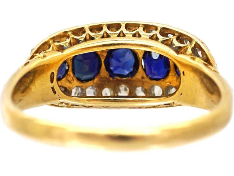 Edwardian 18ct Gold Boat Shaped Ring set with Sapphires & Rose Diamonds