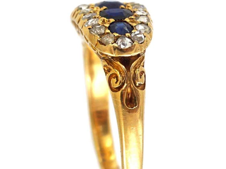 Edwardian 18ct Gold Boat Shaped Ring set with Sapphires & Rose Diamonds