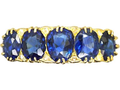 Victorian 18ct Gold Carved Half Hoop Five Stone Sapphire Ring with Diamond Points