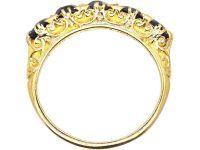 Victorian 18ct Gold Carved Half Hoop Five Stone Sapphire Ring with Diamond Points